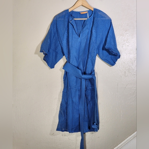 Oliphant Raglan Belted Blue Textured Belted Dress - Picture 2 of 7